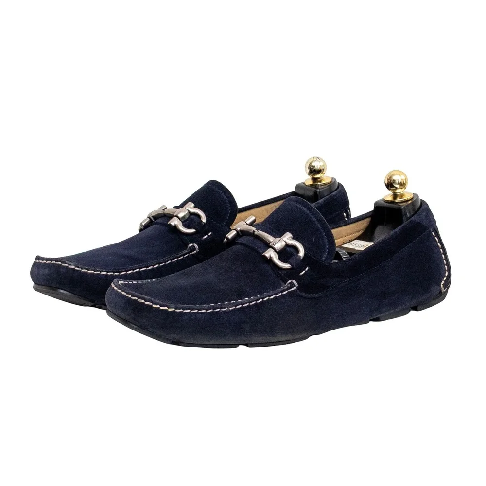 Salvatore Ferragamo Paris Navy Blue Suede Gancini Bit Loafers Mens US 11.5 D